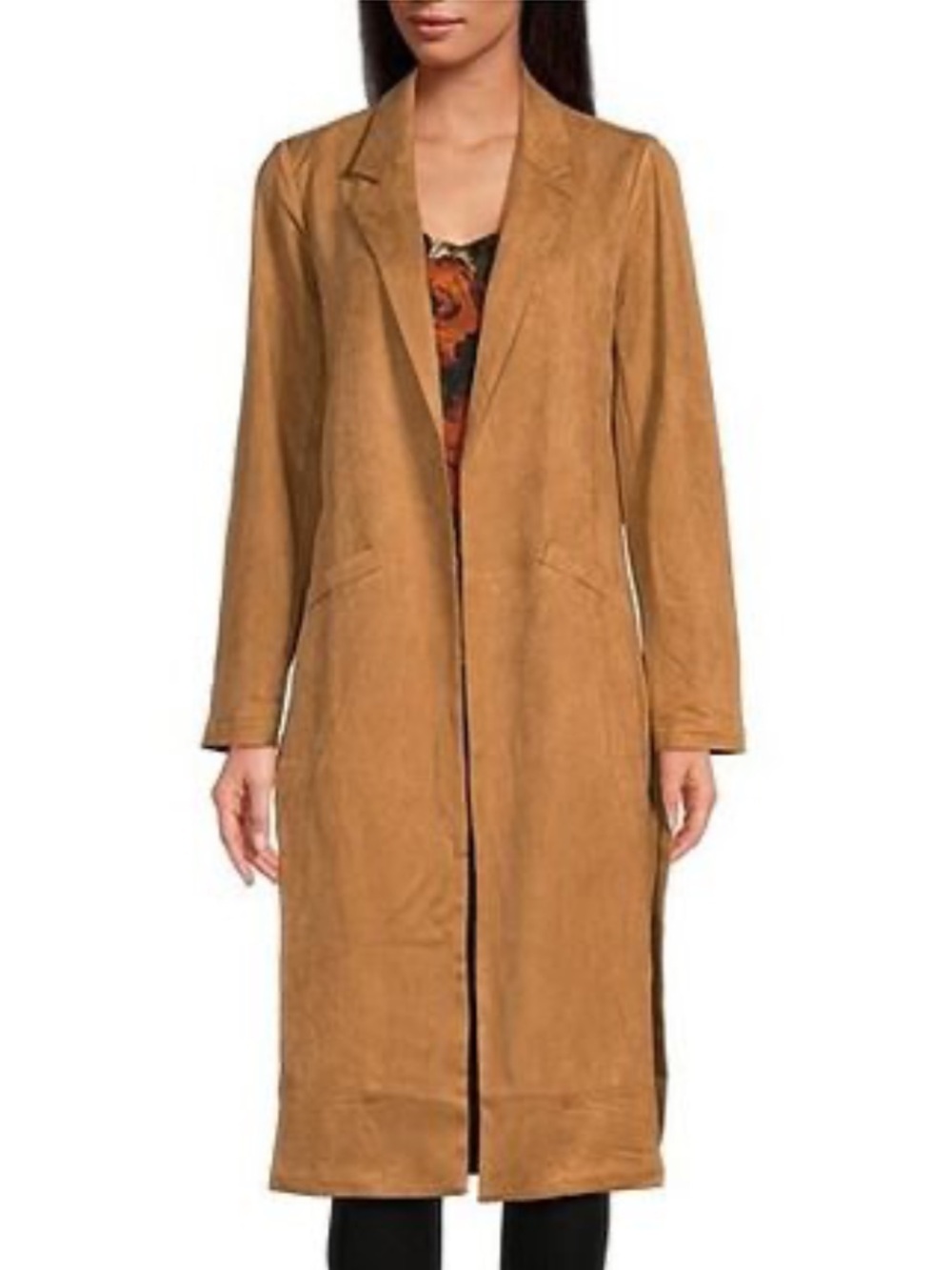 NWOT faux suede notch collar duster size large